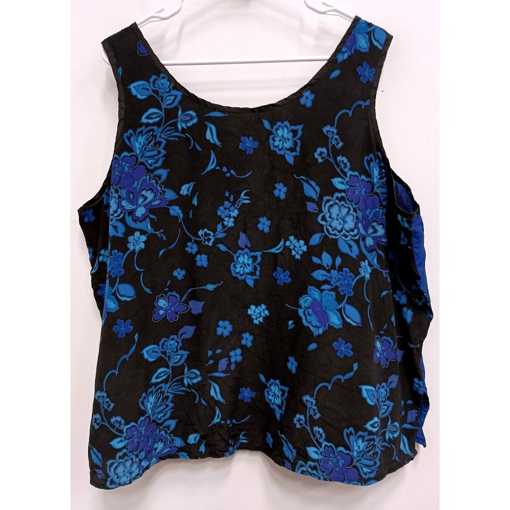 Vintage 90s Koos of Course Silk Floral Tank Top Womens 2X Black Blue Sleeveless